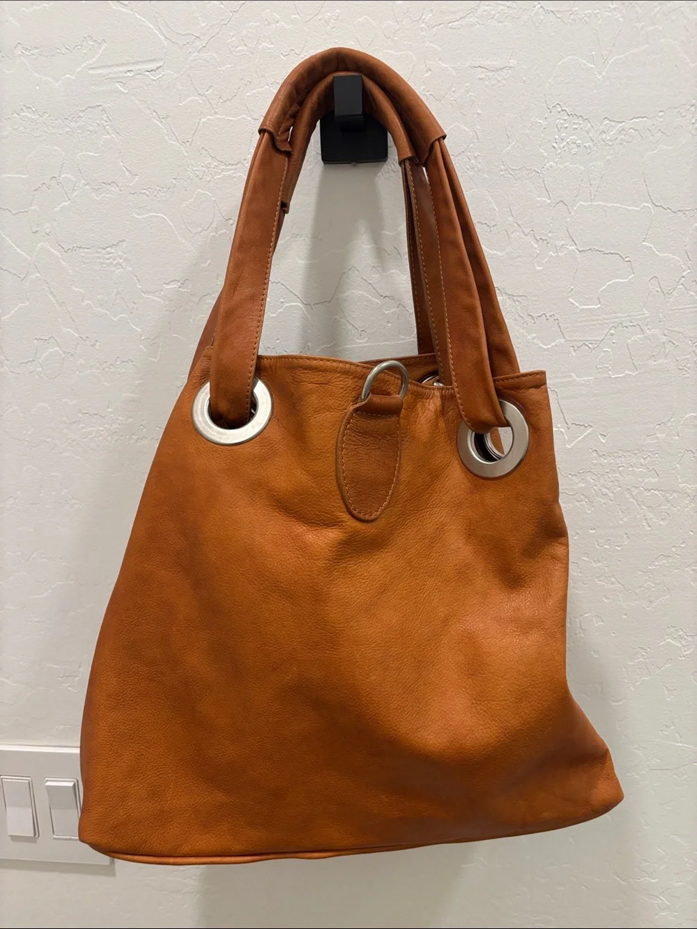 Italian Tan Leather Hobo Bag with Dark Green Lining